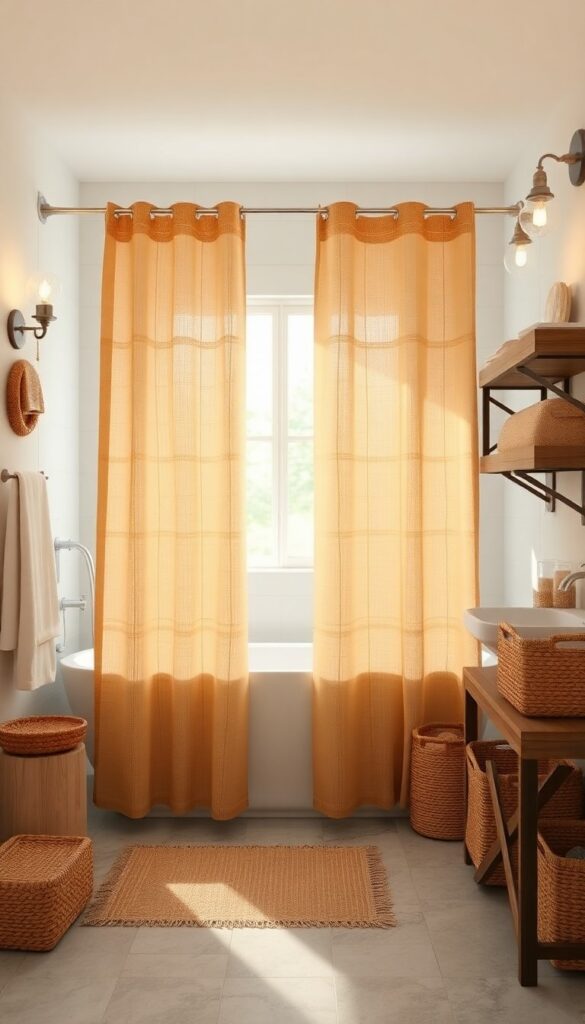 A rustic bathroom featuring a burlap weave shower curtain with raw texture, paired with metal fixtures and wooden accents in natural light.