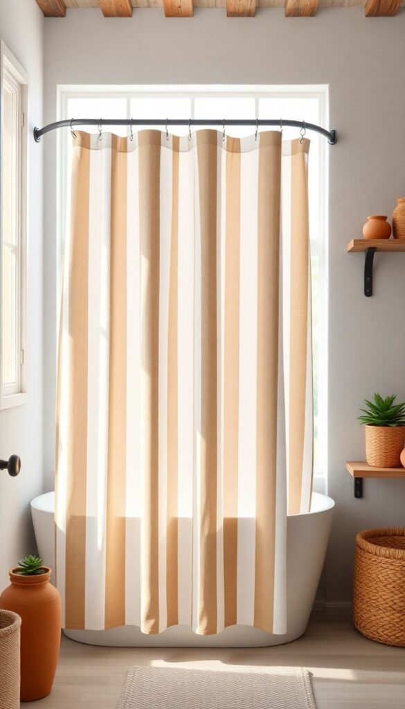 A rustic bathroom with a striped linen shower curtain in earthy taupe and olive tones, paired with terracotta planters and woven baskets under bright natural light.