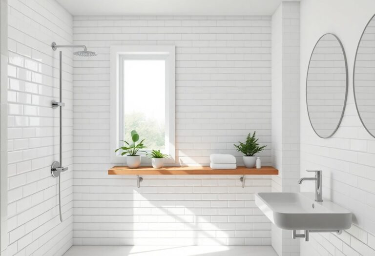 A stylish bathroom shower with white tiles, a wooden shelf with plants, and natural lighting, showcasing an affordable and put-together decor idea.