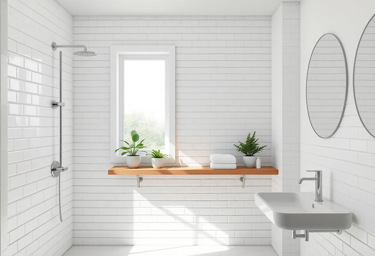 A stylish bathroom shower with white tiles, a wooden shelf with plants, and natural lighting, showcasing an affordable and put-together decor idea.