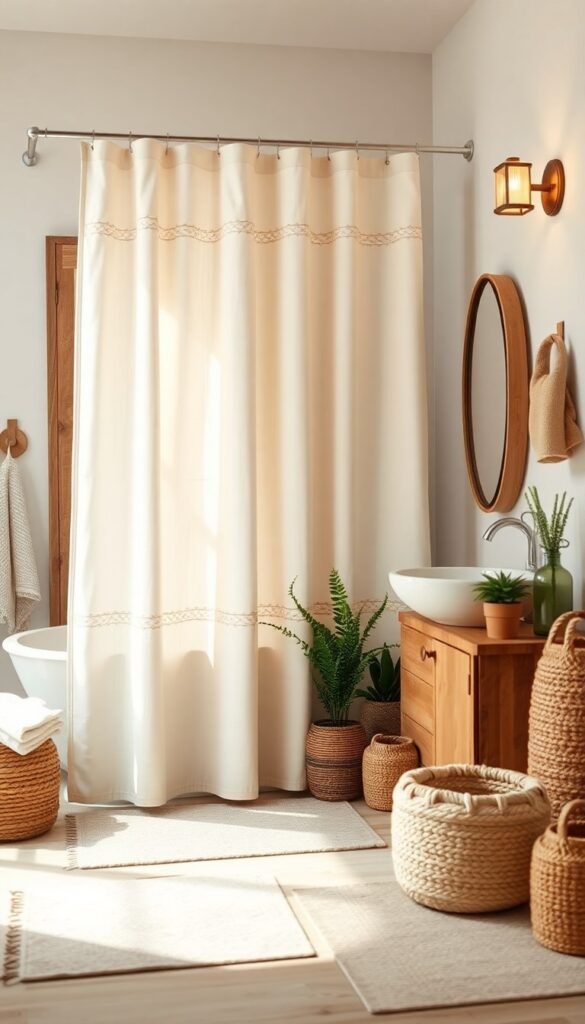 A rustic bathroom with an embroidered neutral shower curtain, natural wood accents, and soft lighting for a cozy, curated look.