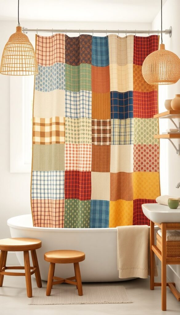 A rustic bathroom with a patchwork fabric shower curtain in various patterns and colors, set against neutral walls with natural wood accents and soft lighting.
