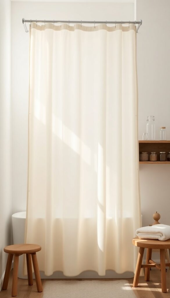 A rustic bathroom featuring a sheer linen shower curtain that filters natural light to create a soft glow, with clear glass jars on wooden shelves and a wooden stool for added warmth.
