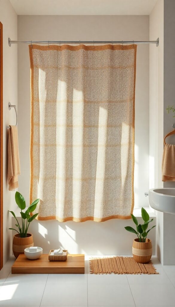 A rustic bathroom featuring a woven jute shower curtain with bamboo accessories and plants for natural texture.