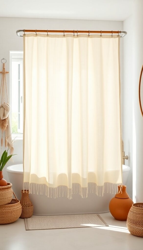 A linen shower curtain with fringed edges in a rustic bathroom setting with natural light and boho decor accents.