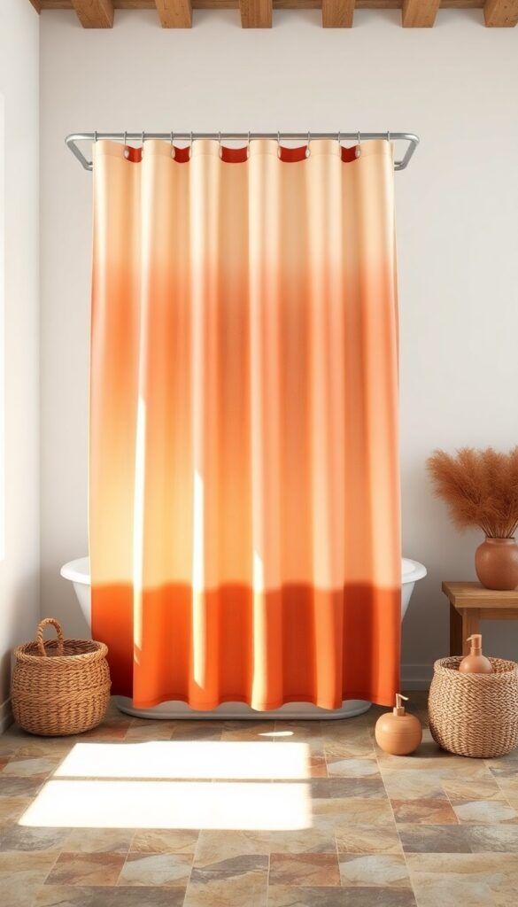 An ombre-dyed cotton shower curtain in earthy tones from beige to terracotta, hanging in a rustic bathroom with natural light and minimalist decor.