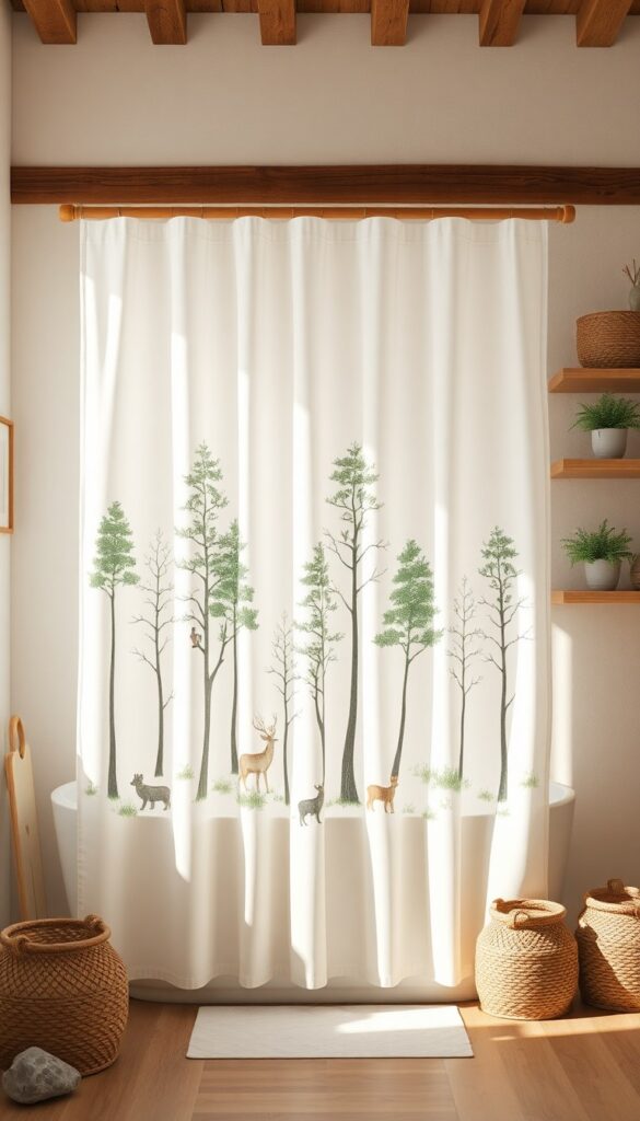 A rustic bathroom with a printed linen shower curtain showing woodland scenes of trees and animals on a wooden rod, layered with sheer curtains and minimal decor like baskets and plants in natural light.