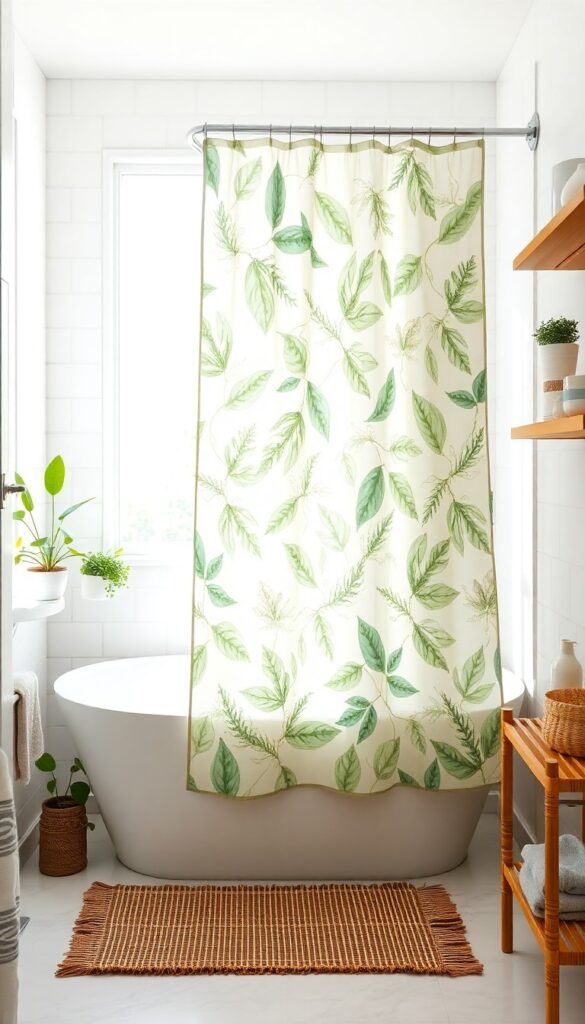 A botanical print shower curtain in earthy greens hanging in a bright, serene bathroom with natural materials and plants.