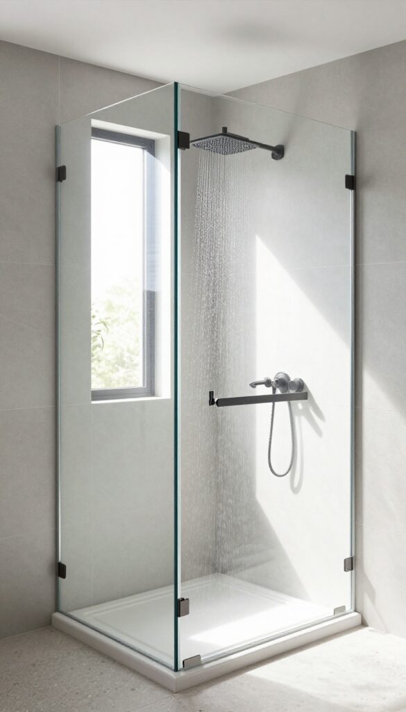 Frameless glass neo-angle shower with uninterrupted view, bright natural light, modern fixtures