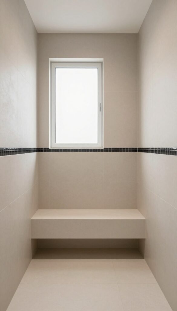Large neutral tiles with a narrow charcoal mosaic accent strip in a walk-in shower