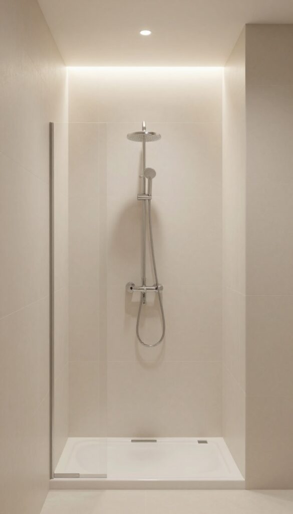 Small bathroom with shower over bath featuring warm LED strip lighting along shower walls for a cozy, practical upgrade.