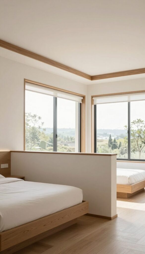 A low half-wall divider in a bedroom, separating space behind a bed with natural light and minimal decor.