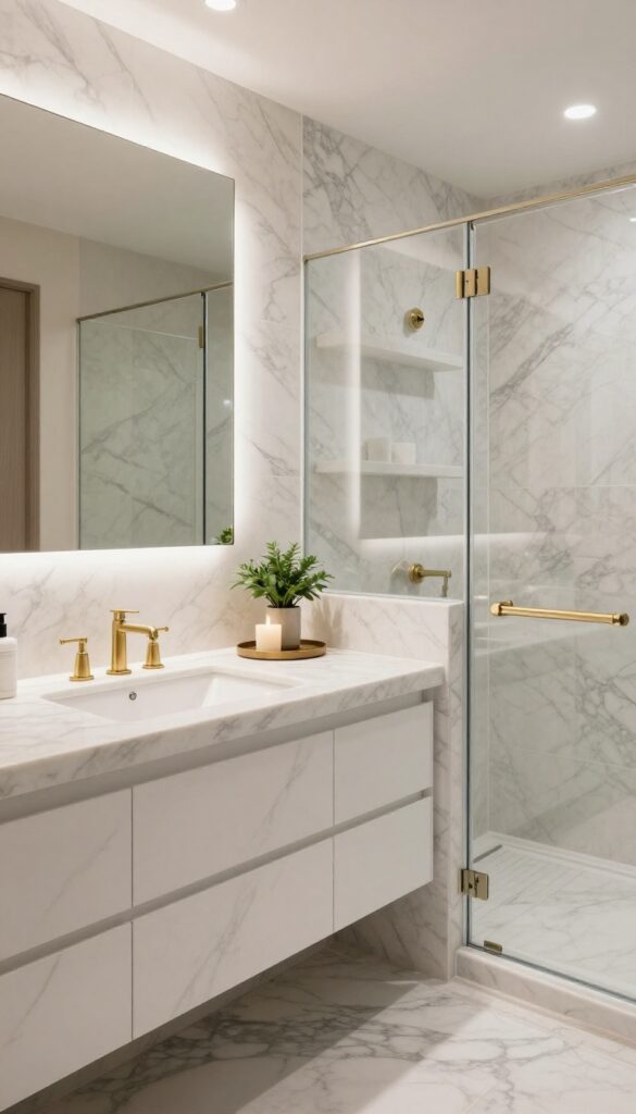 Luxurious marble bathroom with Carrara tiles, brushed brass fixtures, large mirrors, glass shower panels, and minimal decor in bright natural light.