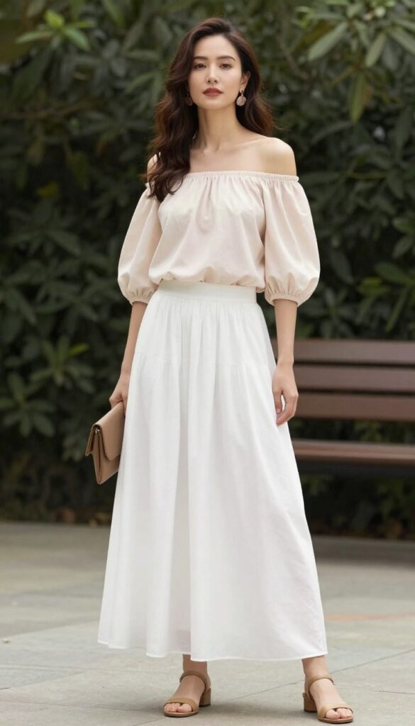 A woman wearing an off-shoulder top and white maxi skirt for a summer outfit, styled with heeled sandals, statement earrings, and a clutch, in a bright natural setting suitable for casual events.