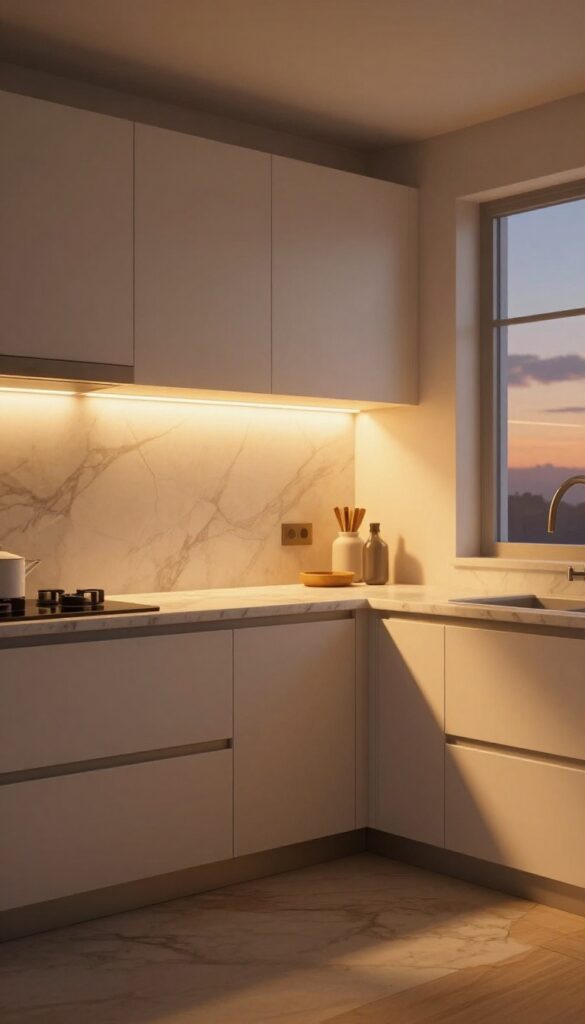 Modern Bloxburg kitchen with warm under-cabinet lighting glowing on countertops and backsplash, creating a cozy ambiance.