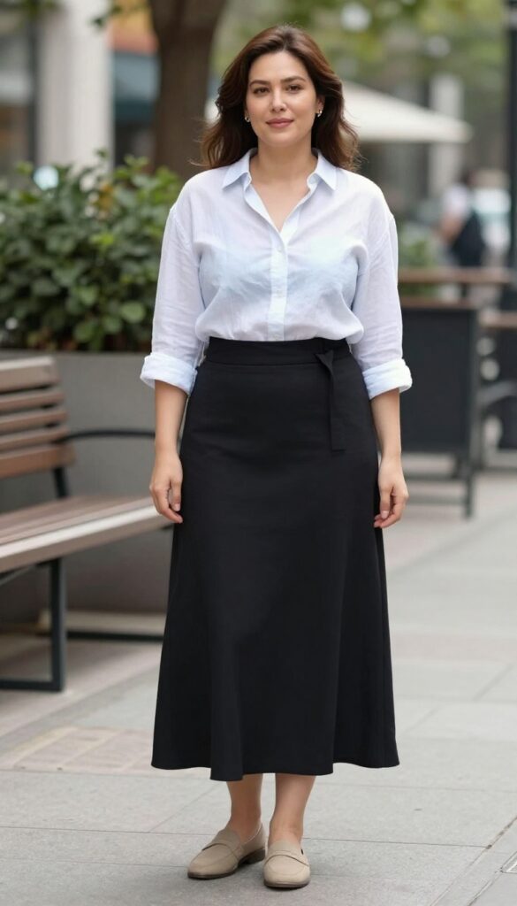 A woman wearing a button-down shirt and black maxi skirt outfit for summer, styled with loafers and a handbag in a bright outdoor setting, showcasing a polished yet relaxed look suitable for fashion blogs and Pinterest.