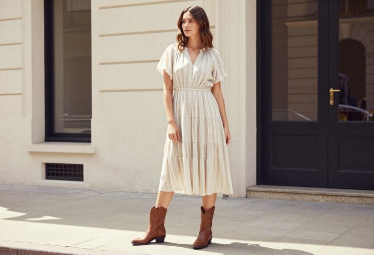 A woman wearing cowboy boots with a flowy summer dress, demonstrating a stylish and wearable summer outfit idea from a fashion blog.