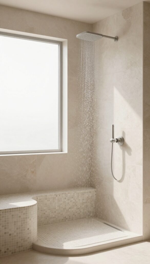 Walk-in shower with a curved bench covered in mosaic tiles, soft natural light, modern minimalist design.