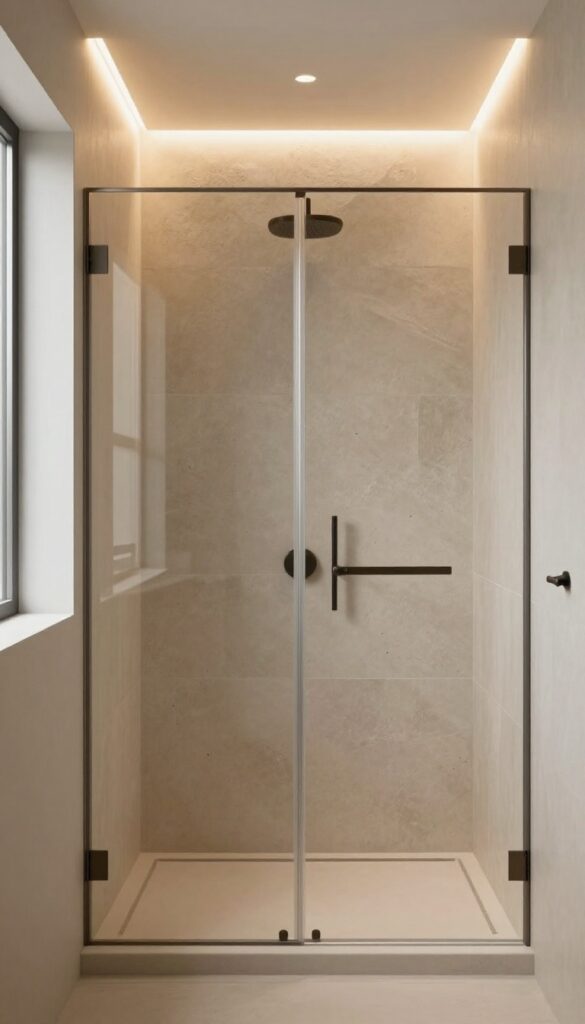 A master bathroom shower with moody lighting featuring warm LED strips and sconces illuminating textured stone tiles in a serene, spa-like setting.
