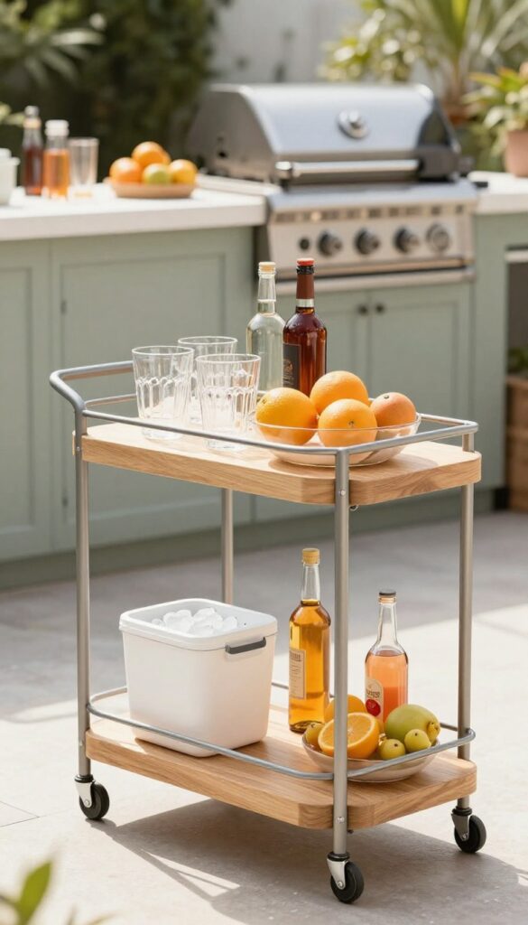 Compact outdoor bar cart with drinks and glassware on a sunny patio