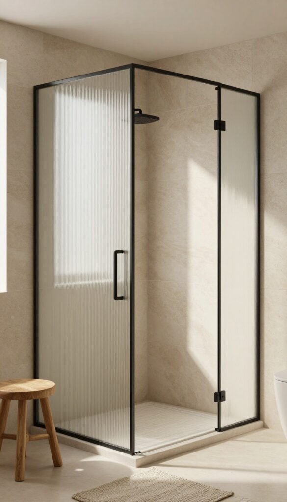 Ribbed glass shower screen with matte black hardware in a bright bathroom with natural light and soft shadows.