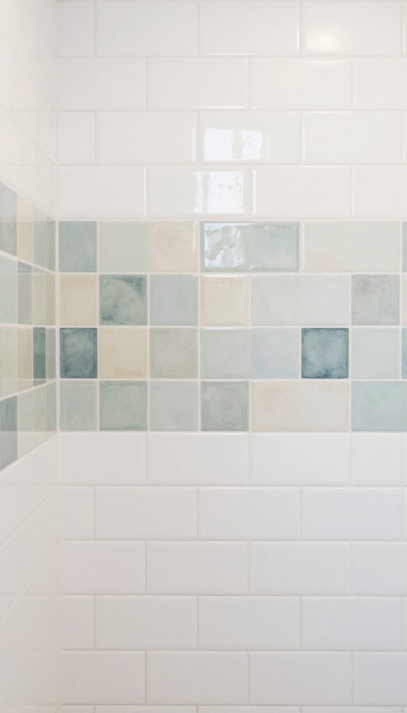Close-up of DIY painted tile accents in a shower, featuring soft watercolor patterns and geometric shapes on white tiles, demonstrating a budget-friendly and customizable bathroom upgrade.