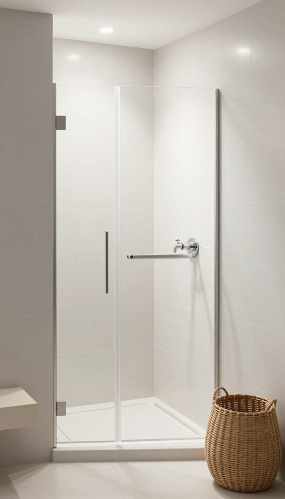 A small walk-in shower with light-colored walls and tiles in white and pale gray tones, designed to brighten and open up the space with natural light reflection and minimalist decor.