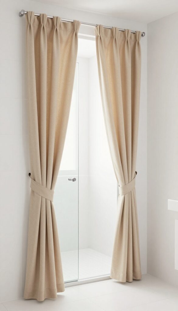 A bathroom with a glass shower door partially covered by an oatmeal curtain tied back to one side, letting in natural light.