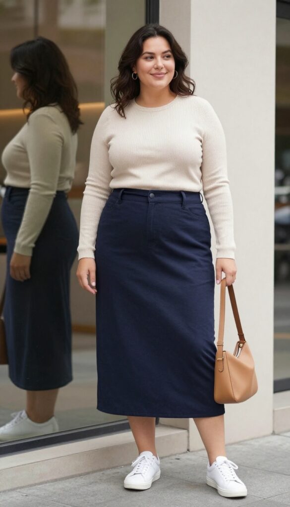 Plus-size woman wearing a high-waisted navy A-line midi skirt and a fitted cream knit top, tucked in, with white sneakers and a tan crossbody bag, standing on a sunny city street.