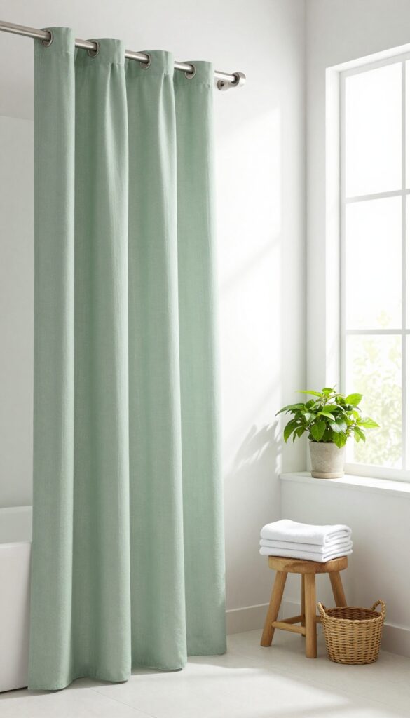 Stonewashed sage green shower curtain in a bright bathroom with wood, plants, and white towels.