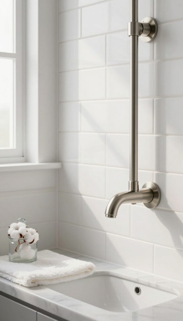 Brushed nickel shower faucet with white subway tile and marble countertop