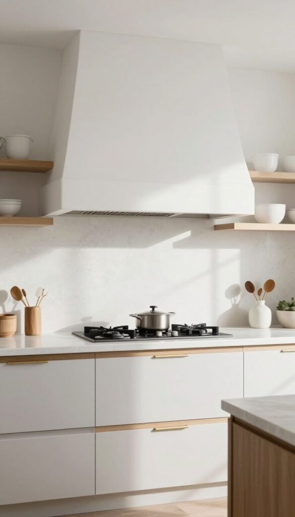 Modern kitchen with a statement range hood featuring quartz pillars and slab top, polished andesite accents, soft white cabinets, warm wood and brass details.