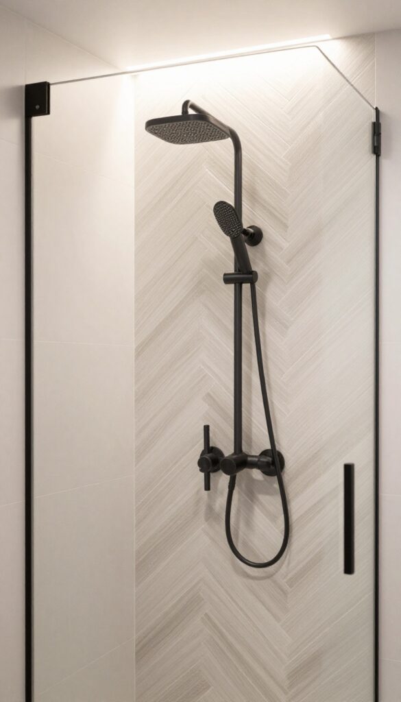 Herringbone pattern wood tile shower wall with matte black fixtures and natural light