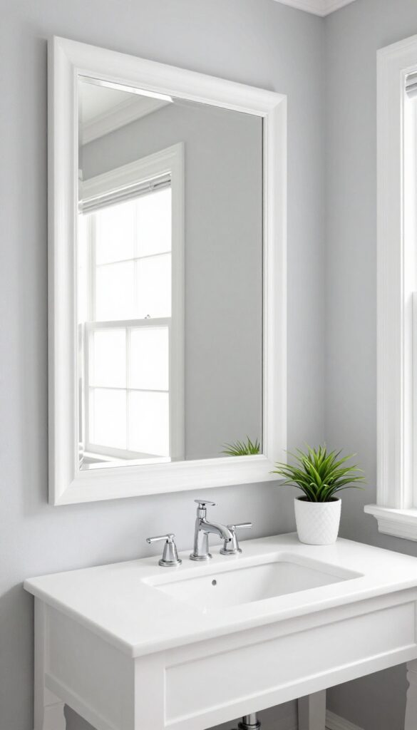 Interior of a bathroom with light gray walls and white trim, showcasing an airy and polished design with natural lighting.