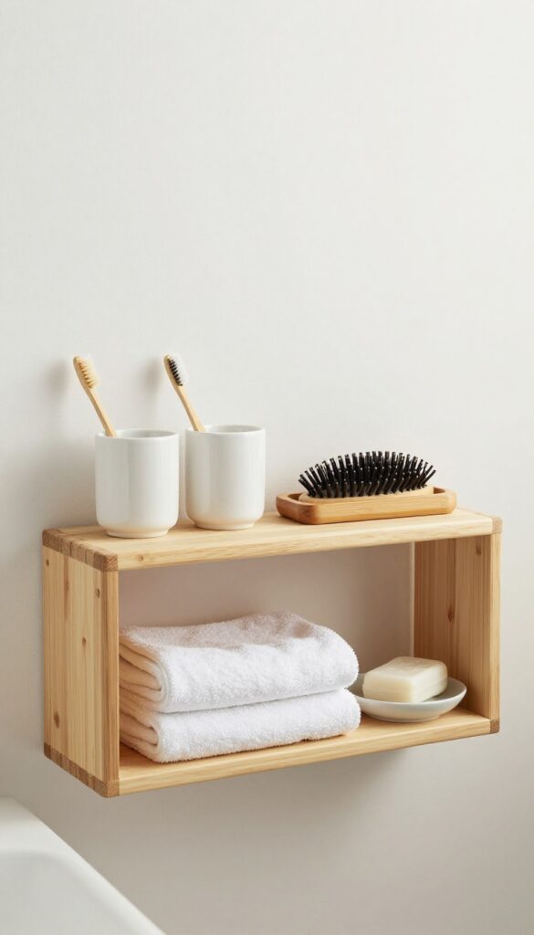 A low open shelf in a kids' bathroom at child height with neatly organized daily essentials like toothbrushes and hairbrushes in neutral containers.