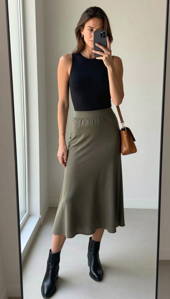 Woman in flowy midi skirt and fitted black bodysuit taking a mirror selfie, wearing ankle boots and minimal jewelry, casual bar night outfit.