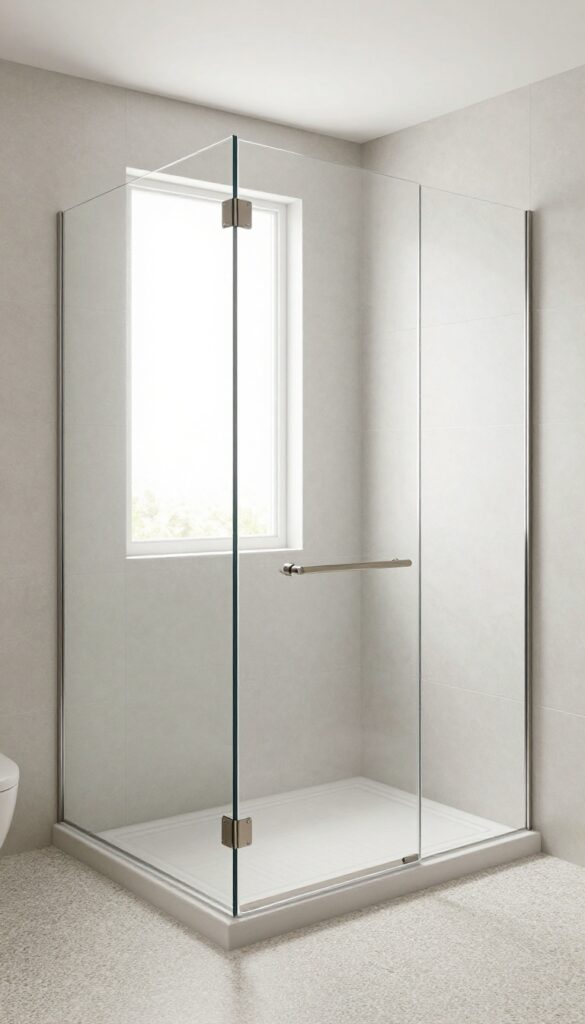 A modern master bathroom shower with a frameless glass enclosure, featuring large-format tiles and natural light for an airy, spacious look.