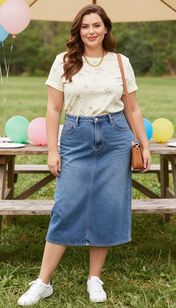 Plus-size woman in tucked graphic tee and denim skirt with sneakers at outdoor kids' birthday party.