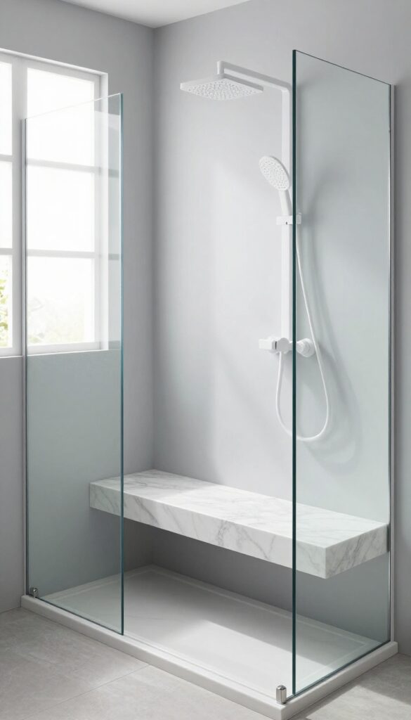 Floating bench seating in a modern walk-in shower with seamless marble tile