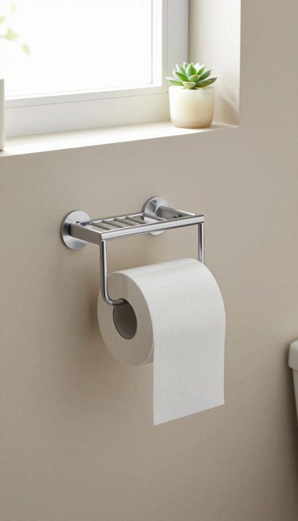 A decorative metal toilet paper holder with a small shelf in a bright bathroom setting.
