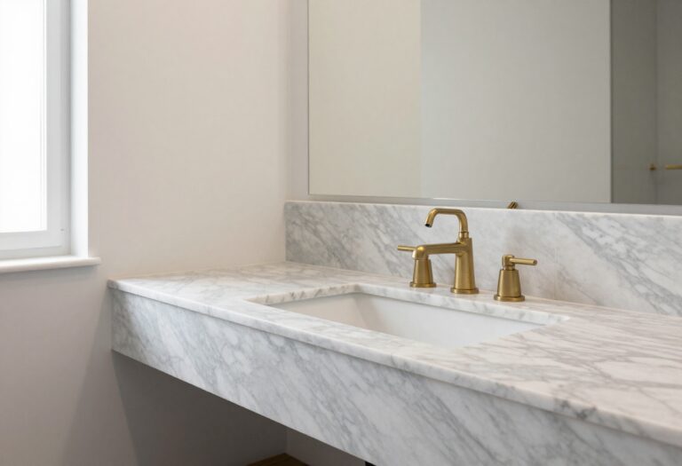 A luxurious small marble bathroom with Carrara marble vanity, brushed brass fixtures, and soft white walls in bright natural light.