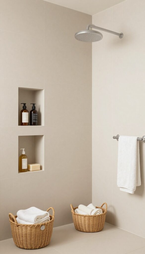 A modern shower with built-in storage niches and woven baskets organizing toiletries and towels in a bright, clean bathroom setting.
