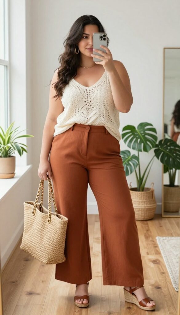 Plus-size woman in terracotta wide-leg trousers and cream crochet top taking a mirror selfie, boho chic outfit for brunch.