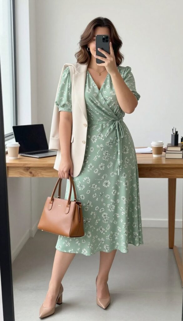 Plus-size woman in sage green wrap dress and nude block heels taking a mirror selfie in a bright home office.