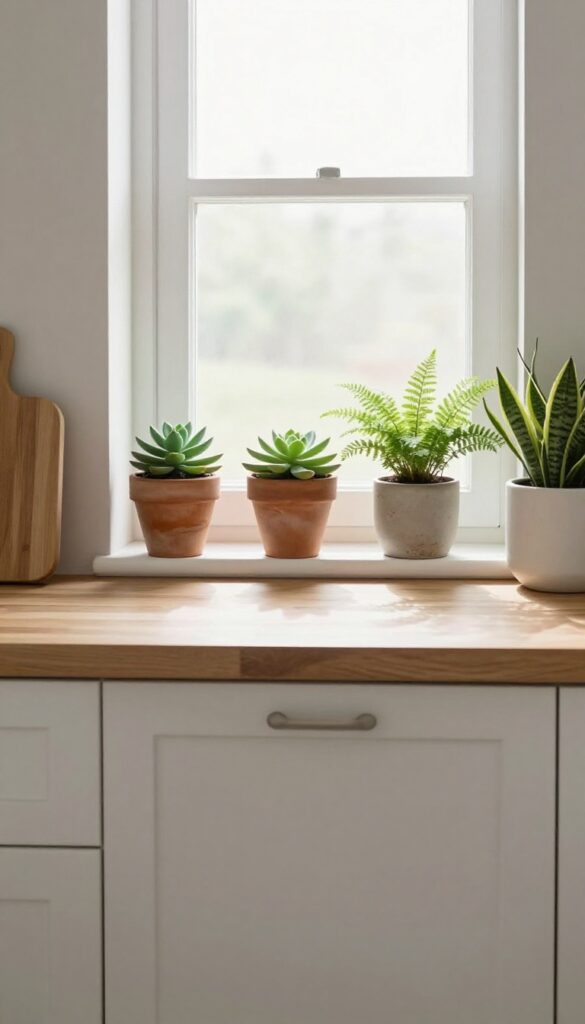 Neutral kitchen with low-maintenance plants on windowsill and counter