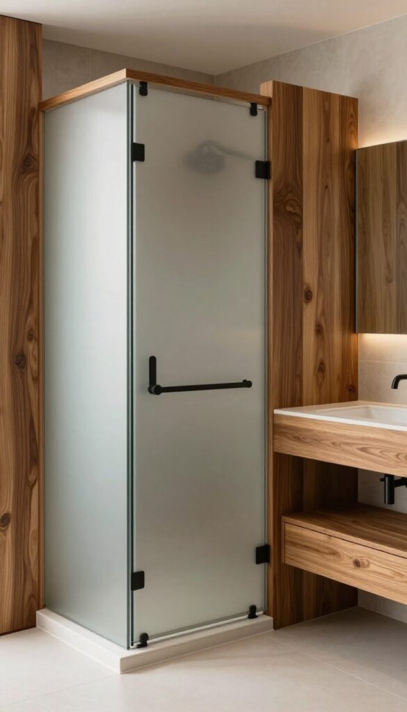 Frosted glass shower partition with warm wood frame in a bright bathroom