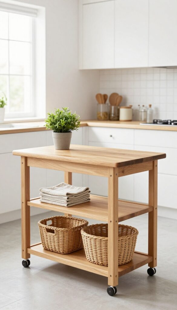 Rolling cart as mobile sideboard in bright eat-in kitchen with wooden top, plant, napkins, and woven baskets.