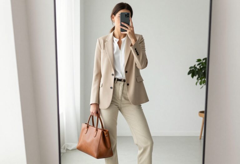 A woman in a tailored blazer and straight-leg jeans takes a mirror selfie, showcasing a polished yet relaxed business casual outfit.
