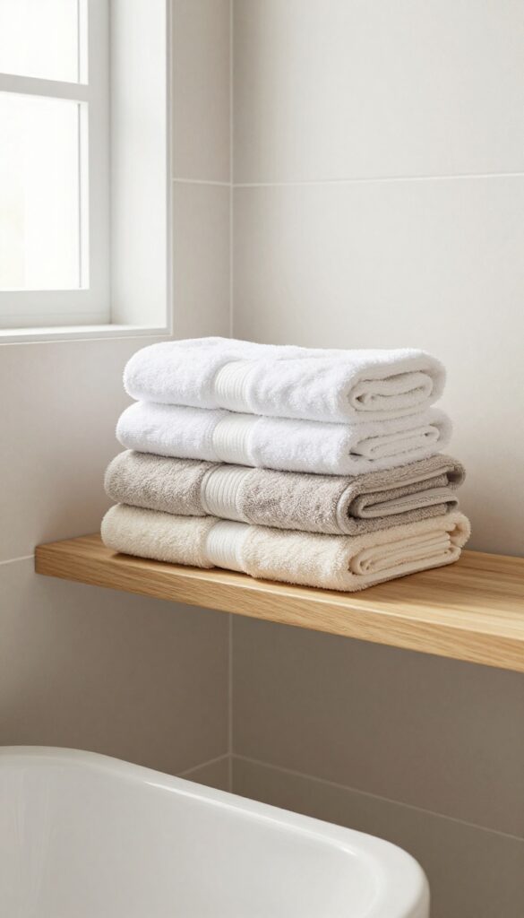 Layered towels in a guest bathroom: beige and gray bath towels folded and stacked on a wooden shelf with a loosely rolled white hand towel beside them, showcasing practical yet stylish decor in bright natural light.