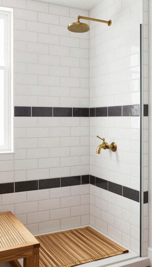 White subway tile shower with dark grout, brass fixtures, teak bench, and natural light